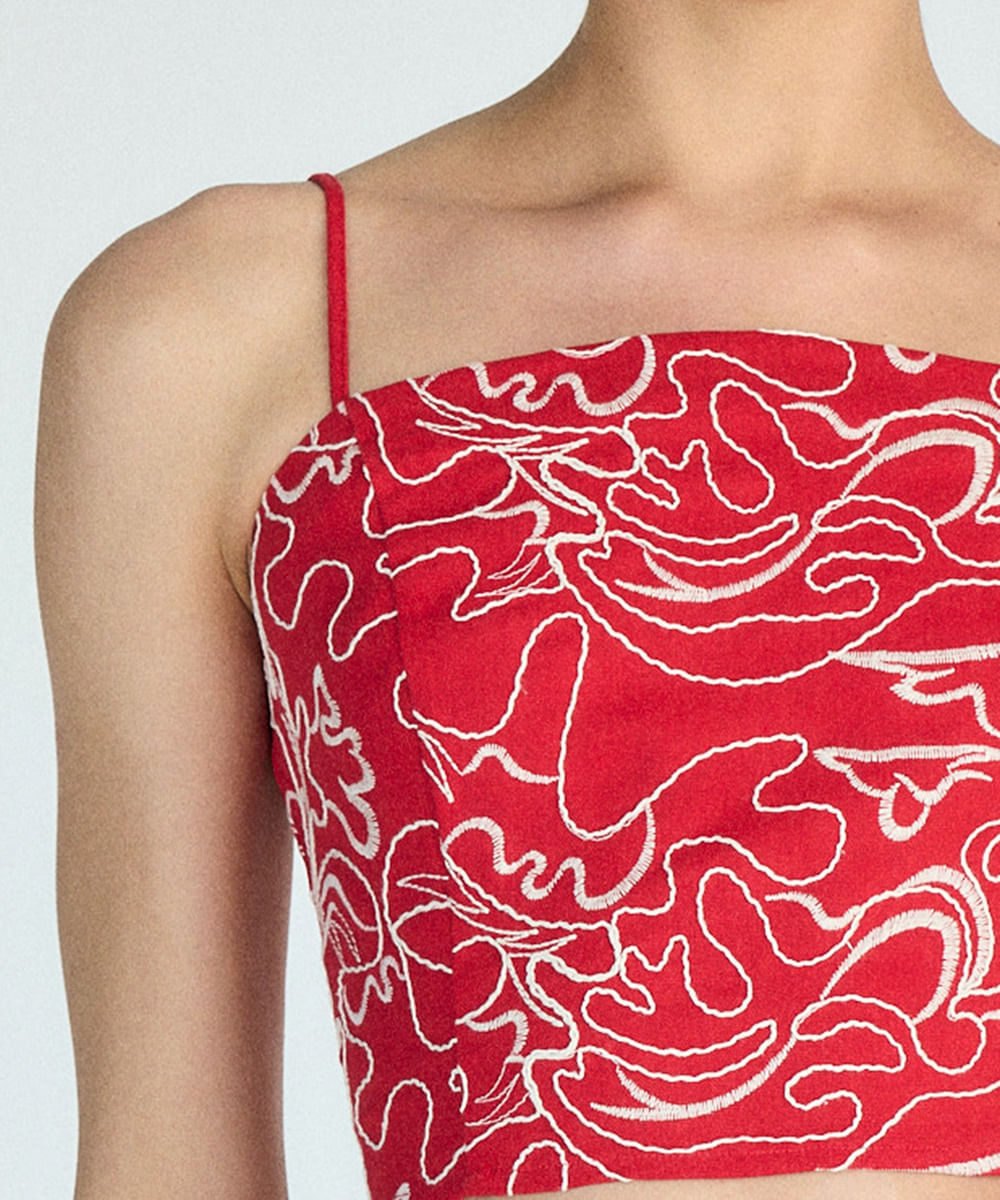 cropped alça fina feminino com linho bordado vermelha