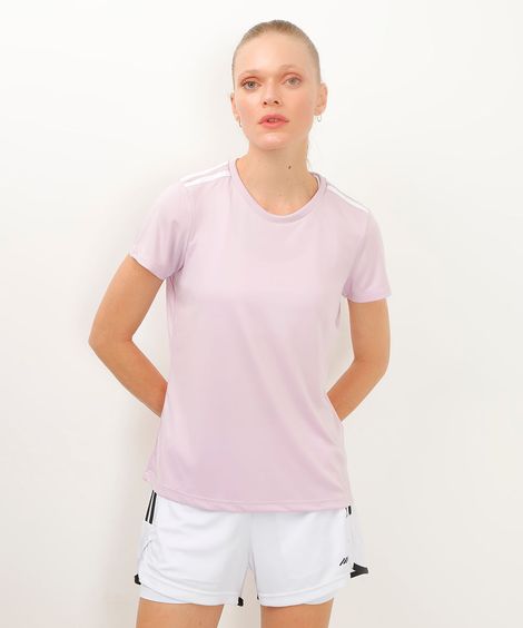 camiseta feminina esportiva manga curta com listras lilás