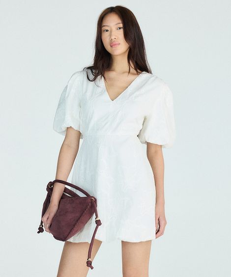 vestido curto balonê feminino manga bufante bordado floral branco