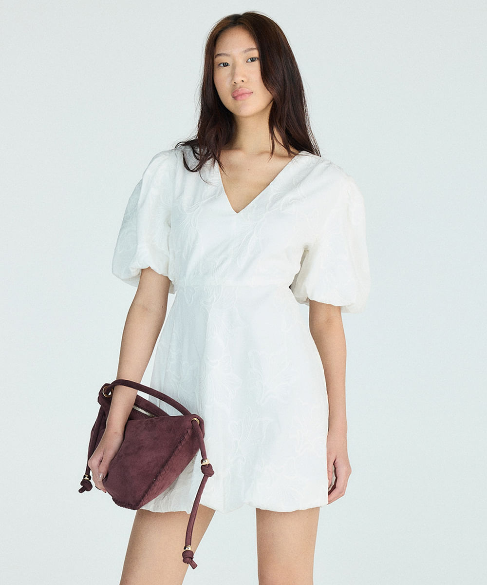 vestido curto balonê feminino manga bufante bordado floral branco