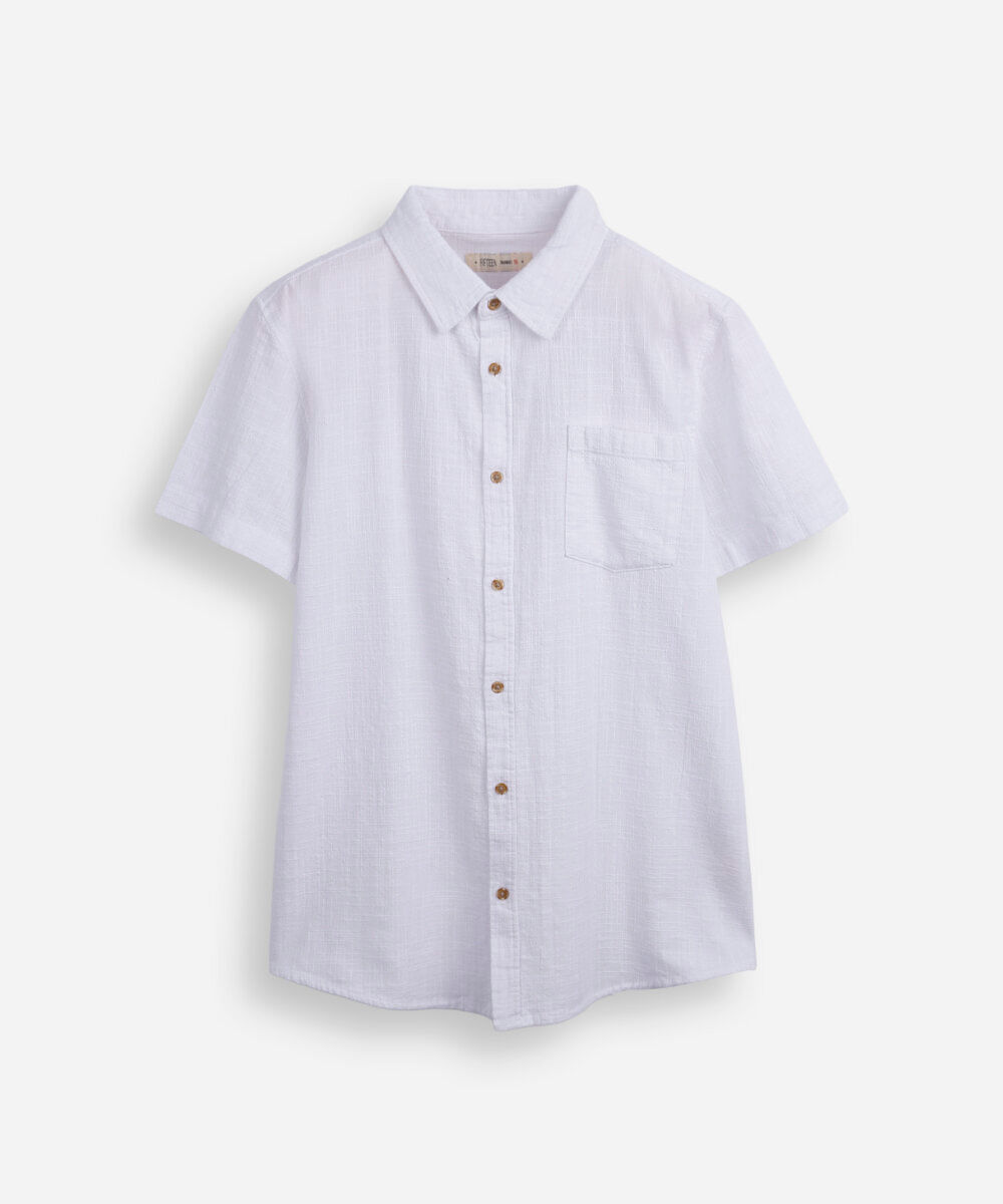 camisa juvenil de algodão com bolso texturizada branca