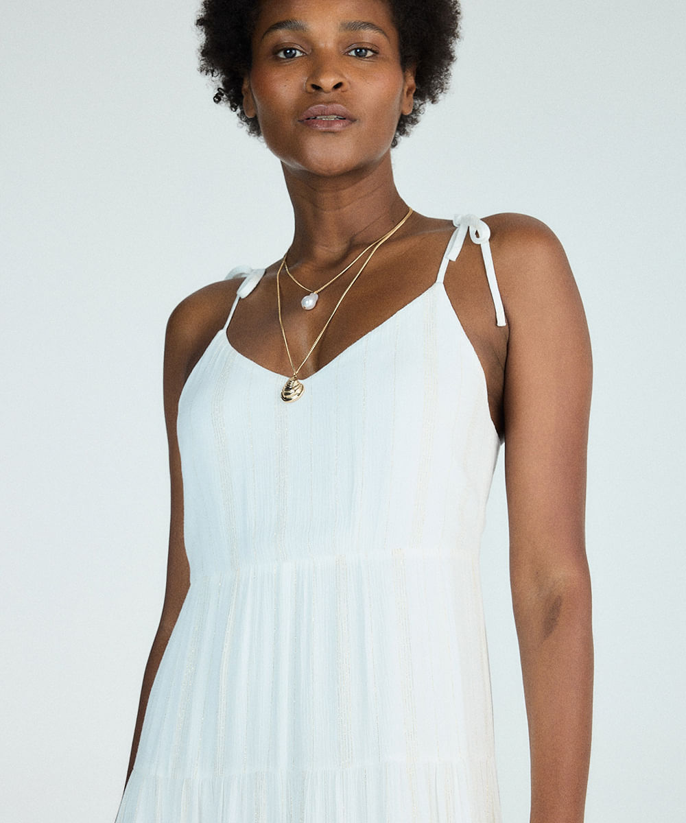 vestido midi com lurex listrado off white