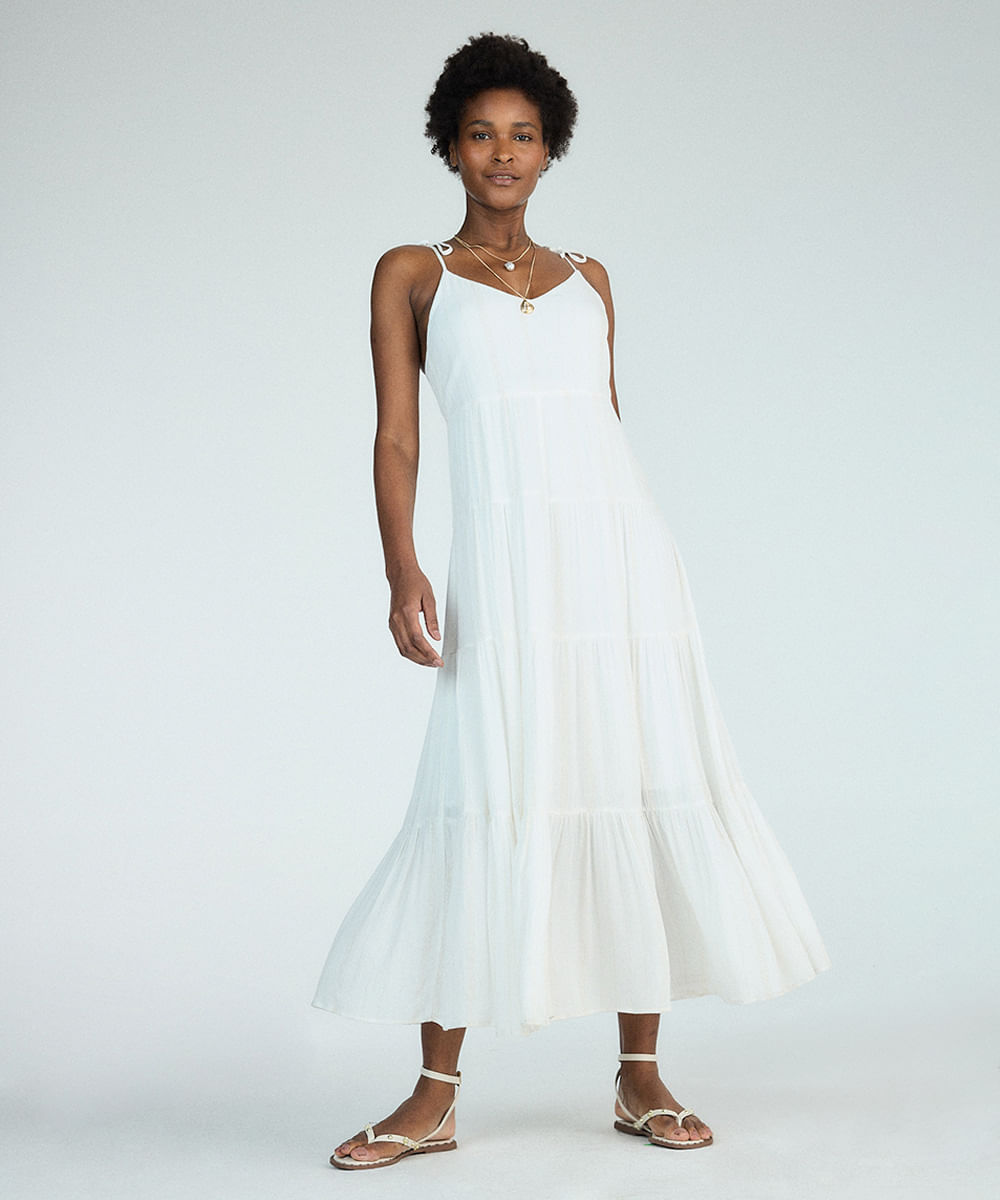 vestido midi com lurex listrado off white