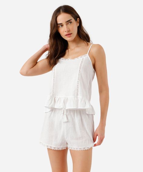 pijama short doll feminino de algodão com babado texturizado off white