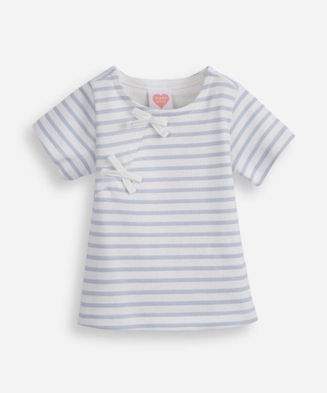 camiseta infantil listrada com laço azul