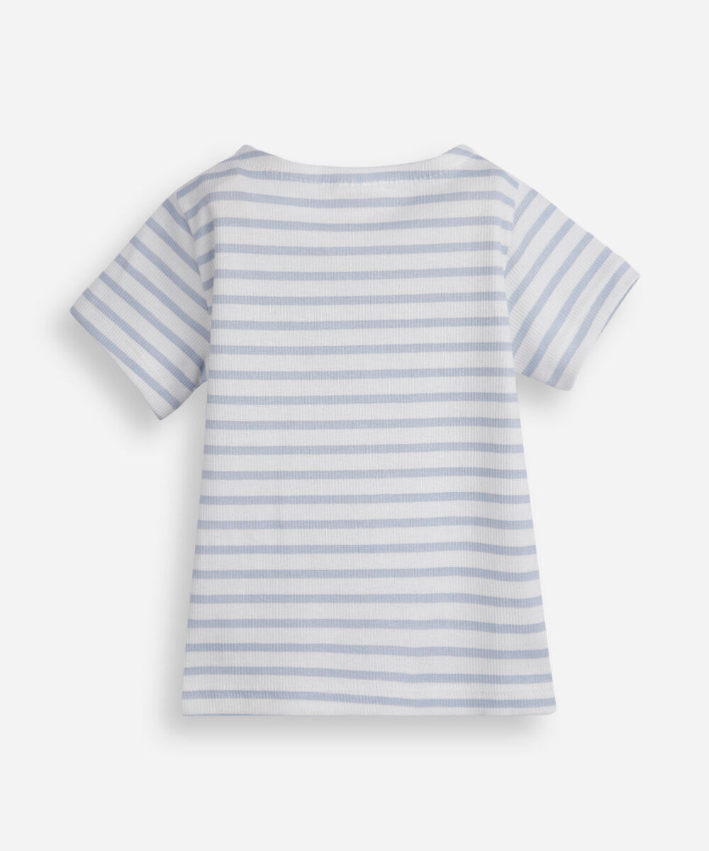 camiseta infantil listrada com laço azul