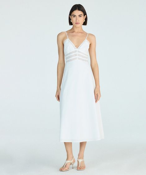 vestido midi de algodão com renda floral off white