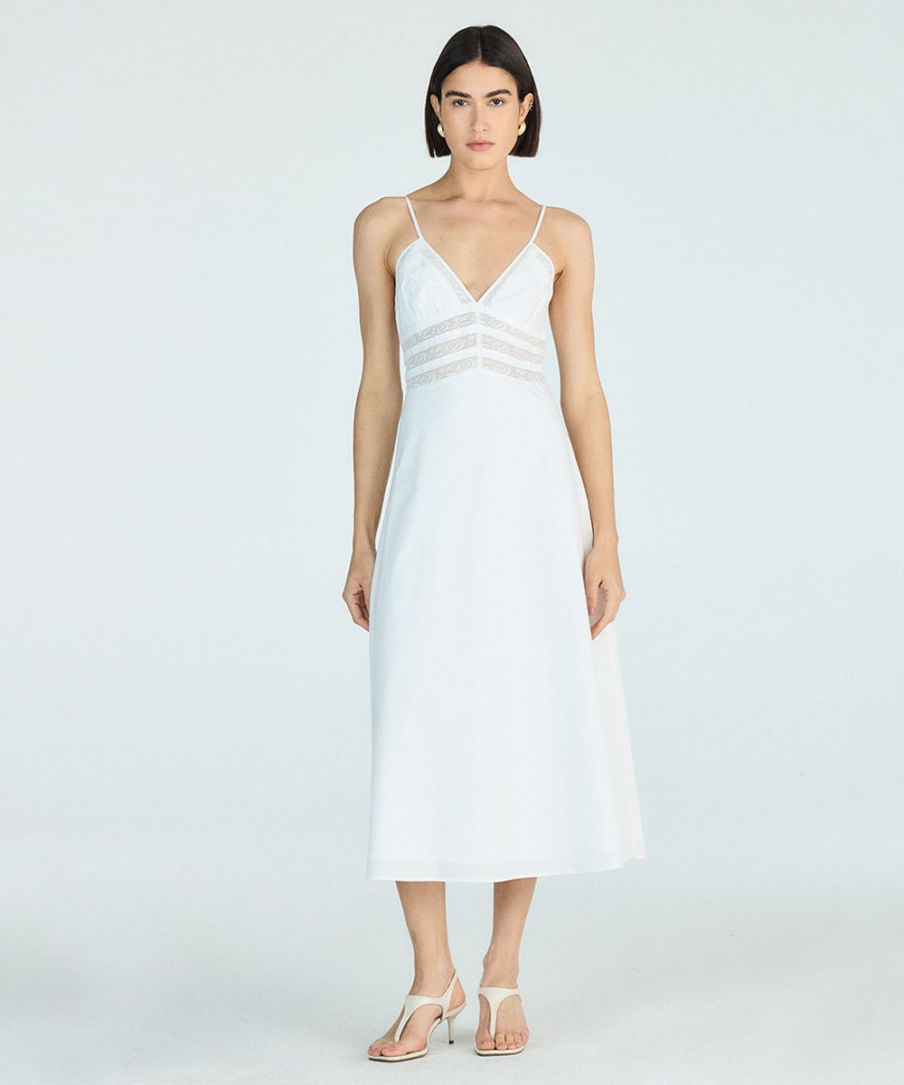 vestido midi de algodão com renda floral off white