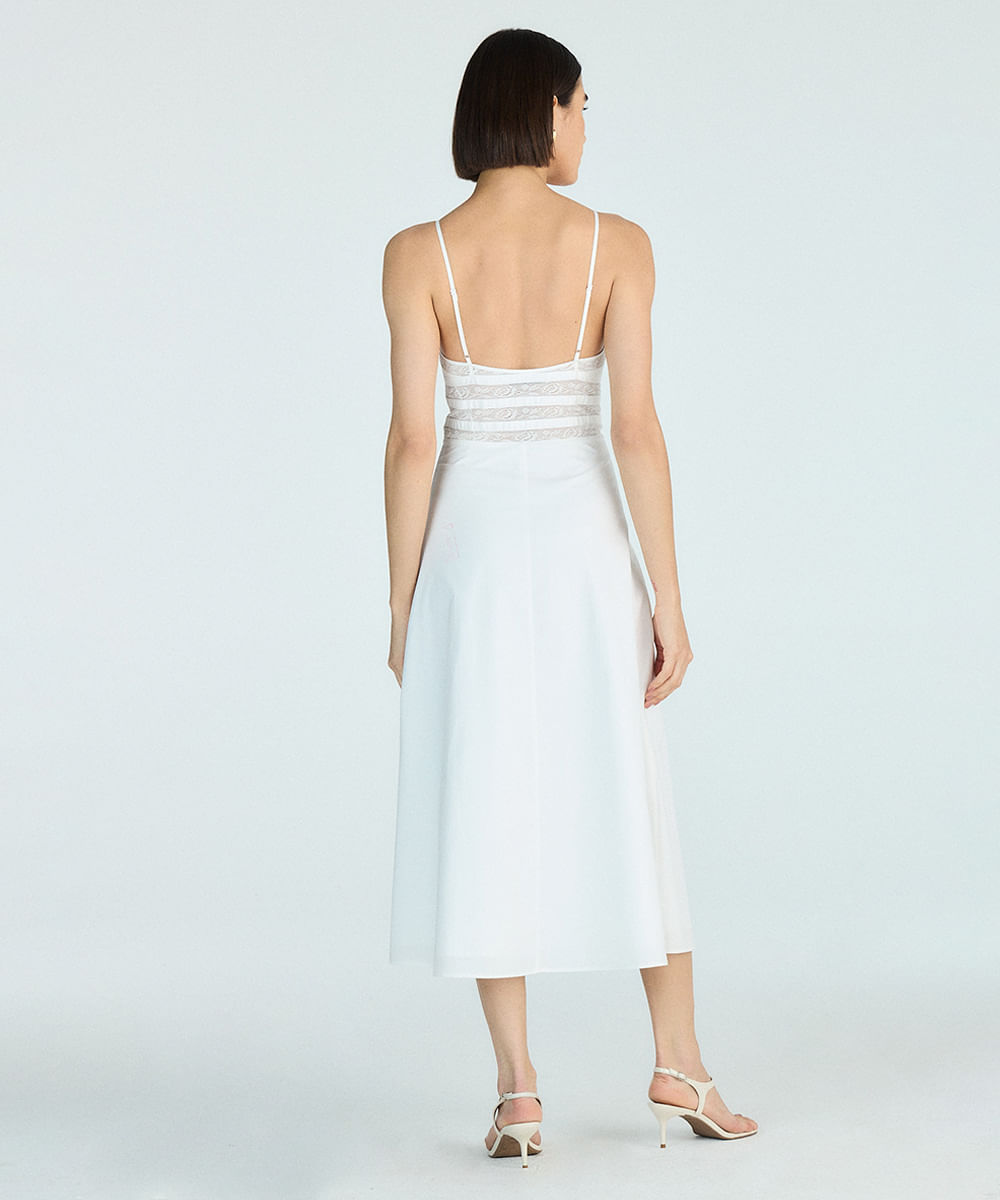 vestido midi de algodão com renda floral off white