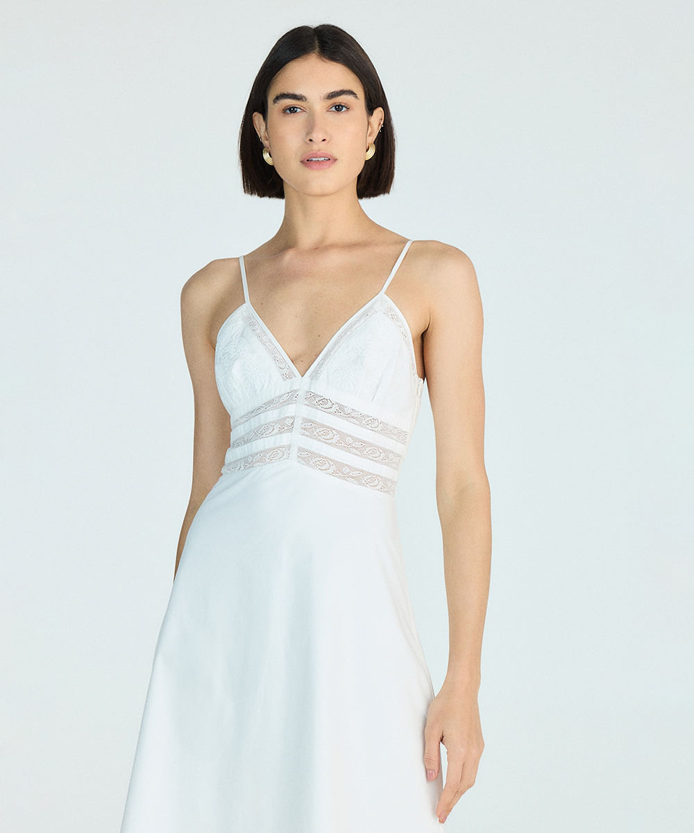 vestido midi de algodão com renda floral off white