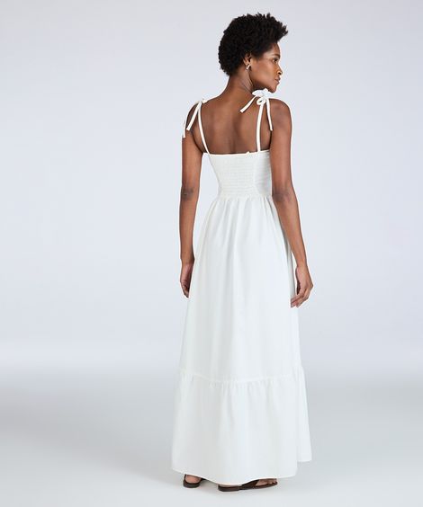 vestido midi de sarja com amarração off white