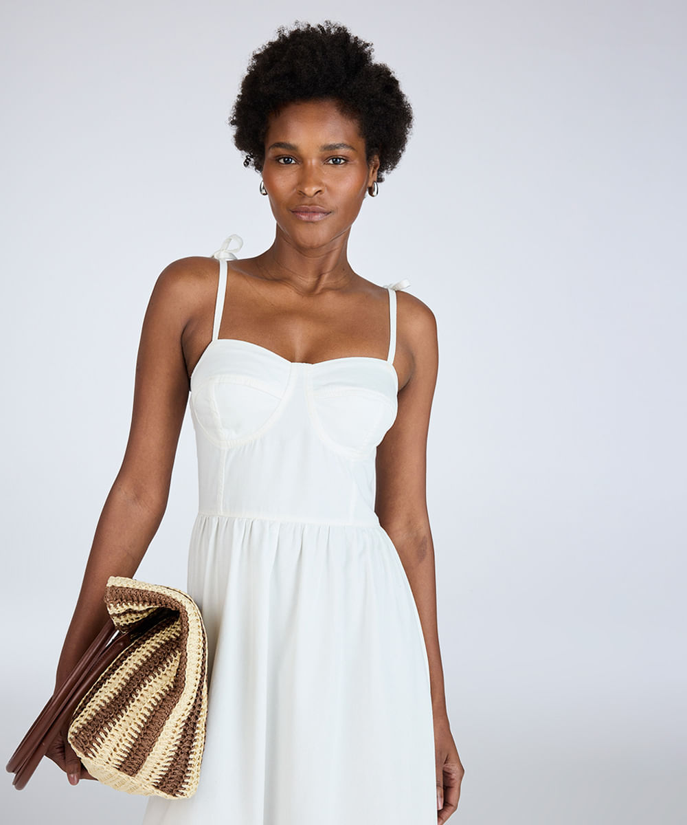 vestido midi de sarja com amarração off white