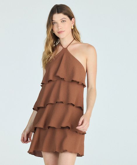 vestido feminino curto de babados frente única - marrom
