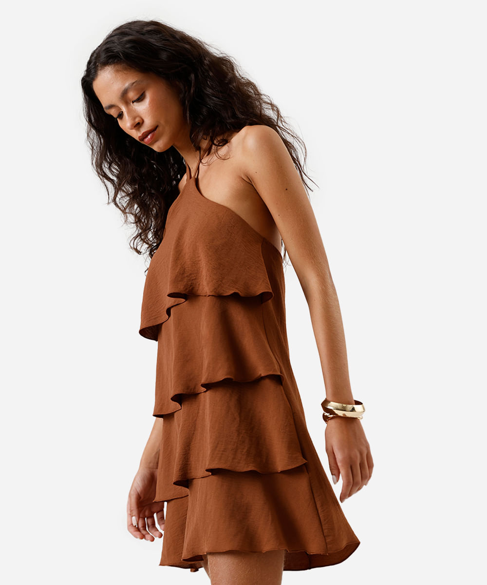 vestido feminino curto de babados frente única - marrom