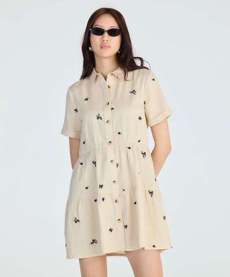 vestido curto feminino chemise bordado floral bege