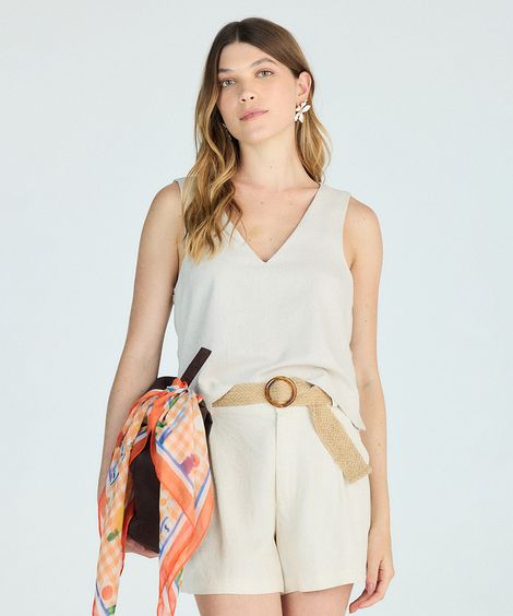 regata feminina com linho decote v bege