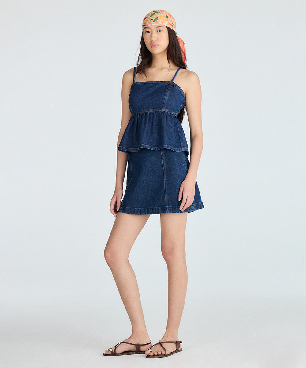 bata feminina jeans decote quadrado azul