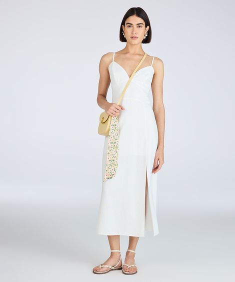 vestido midi com linho alça fina off white