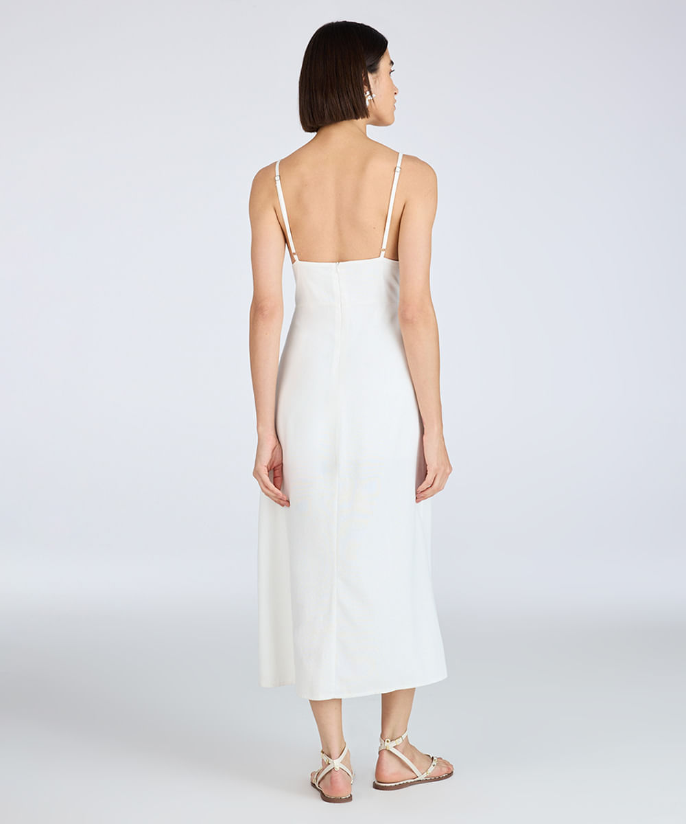 vestido midi com linho alça fina off white