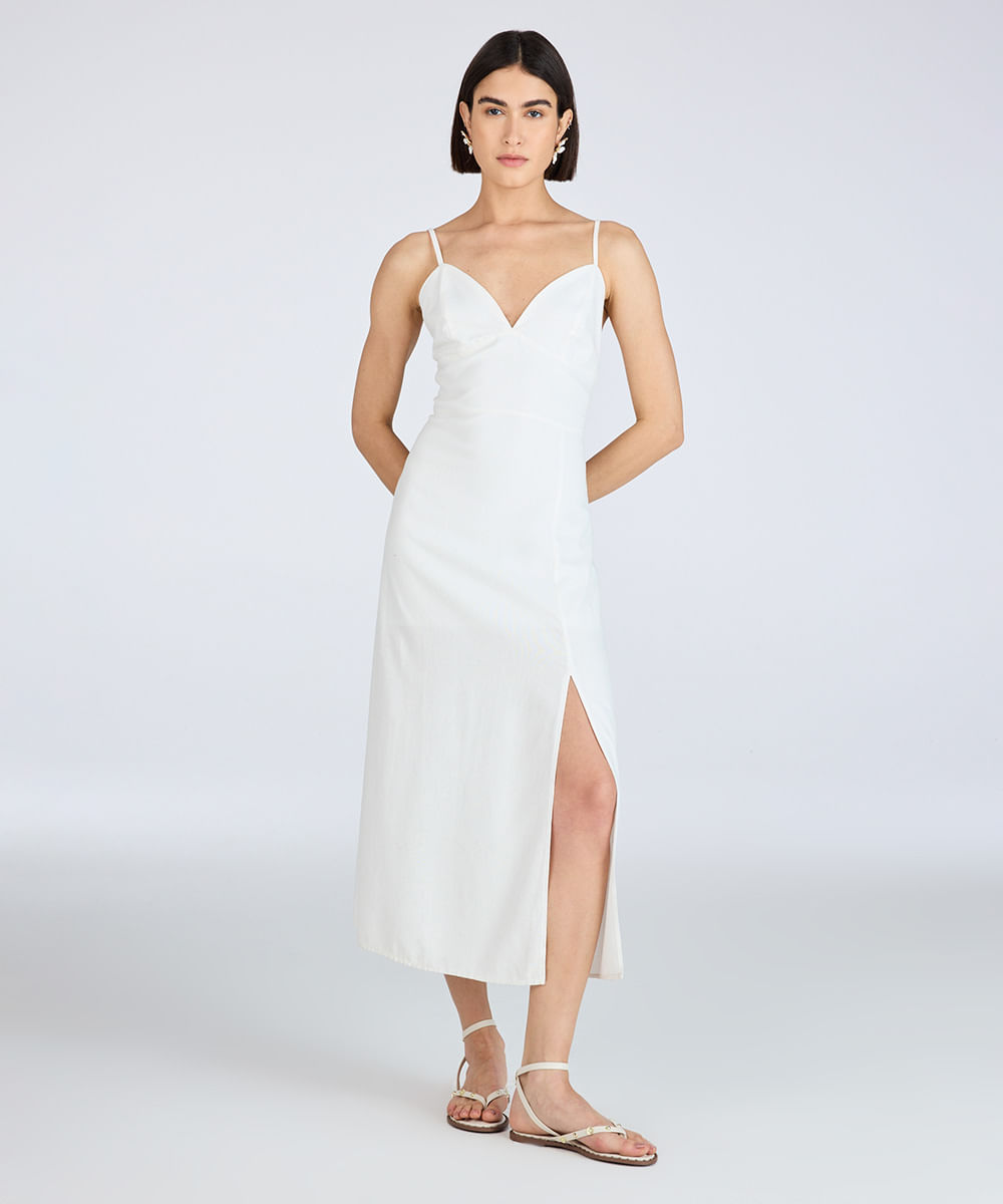vestido midi com linho alça fina off white