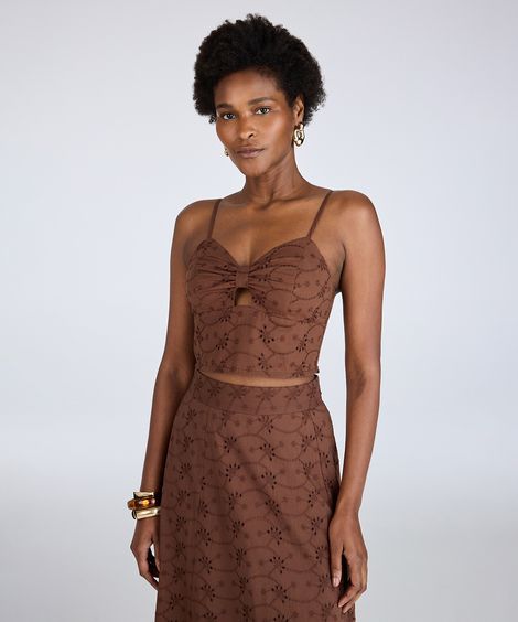cropped feminino de laise alça fina com recorte marrom
