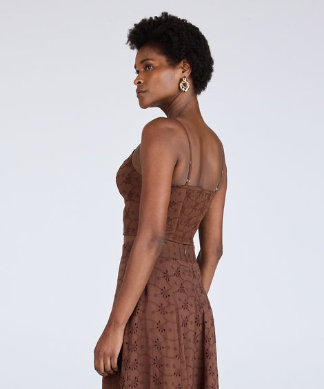 cropped feminino de laise alça fina com recorte marrom