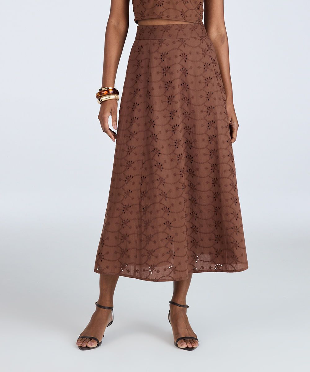 saia midi evasê feminina de laise  marrom