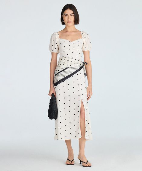 vestido longo feminino de viscose poá bege