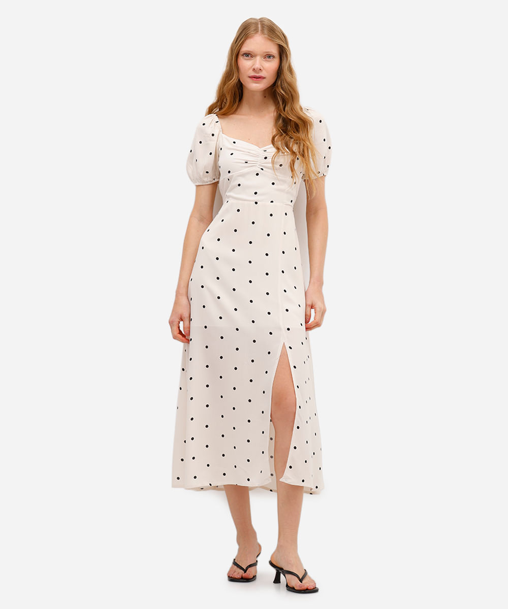vestido longo feminino de viscose poá bege