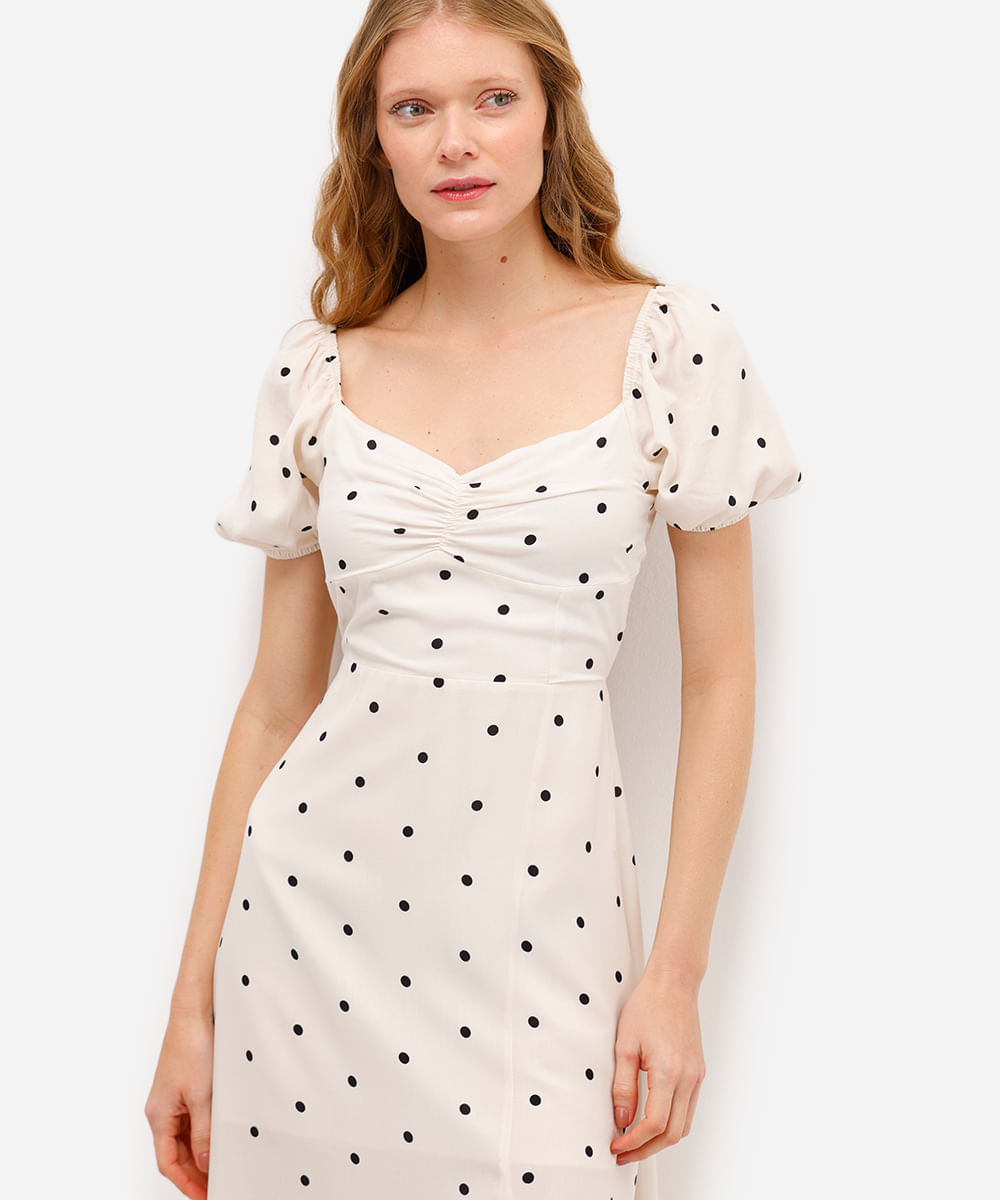 vestido longo feminino de viscose poá bege