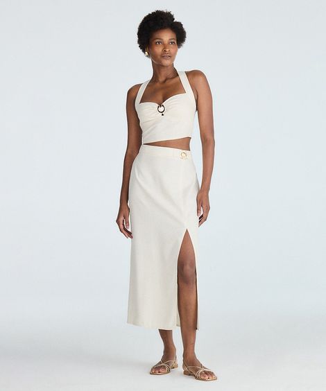 saia midi feminina com fenda e aviamento bege