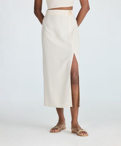 saia midi feminina com fenda e aviamento bege