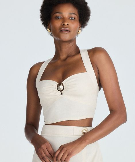 cropped feminino decote coração com aviamento bege