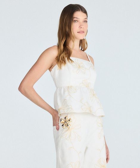 blusa peplum feminina de sarja floral off white