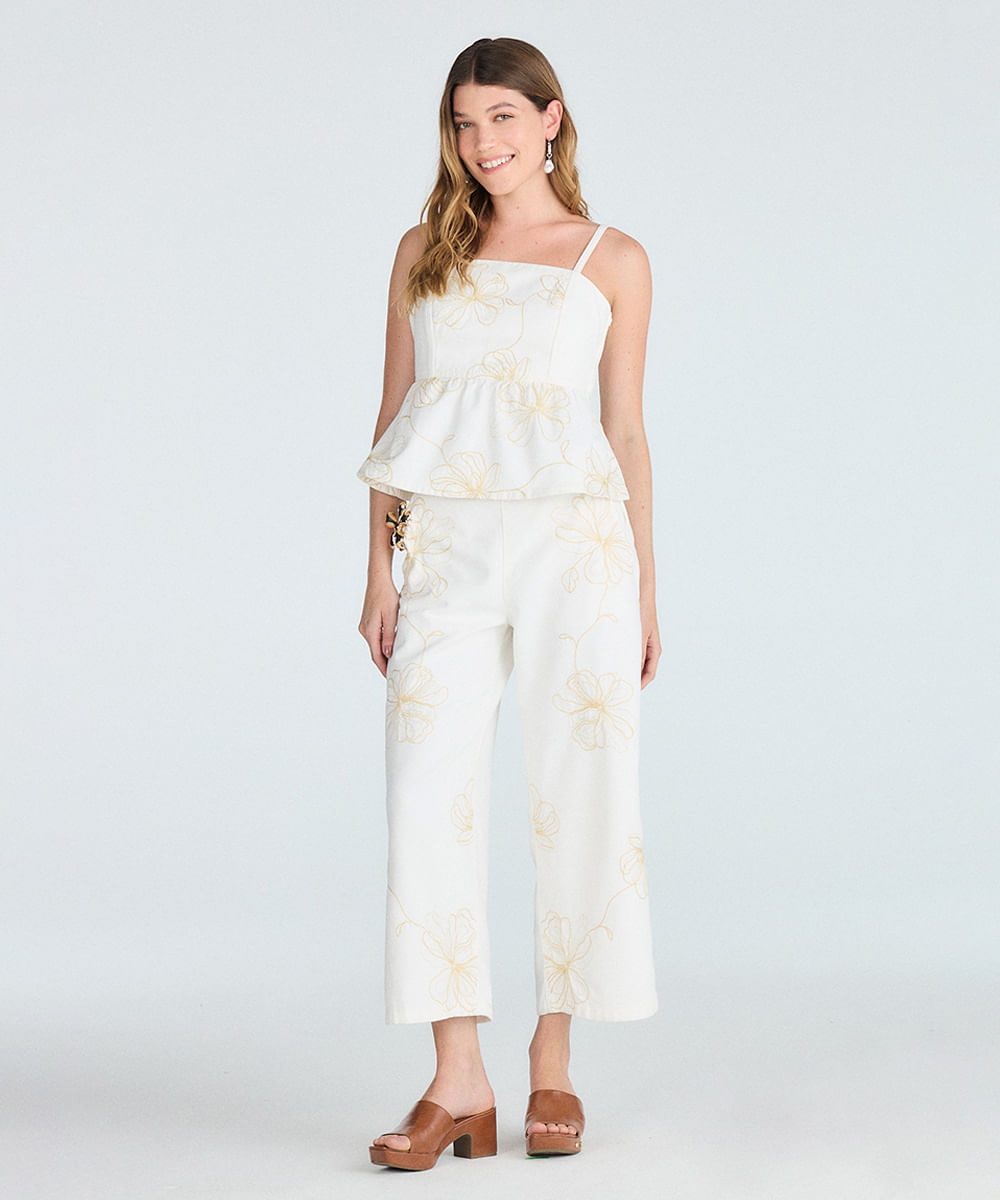 blusa peplum feminina de sarja floral off white