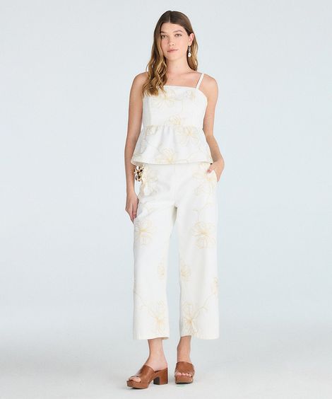 calça wide leg cropped feminina de sarja floral off white