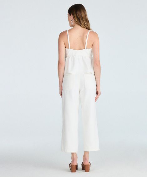 calça wide leg cropped feminina de sarja floral off white