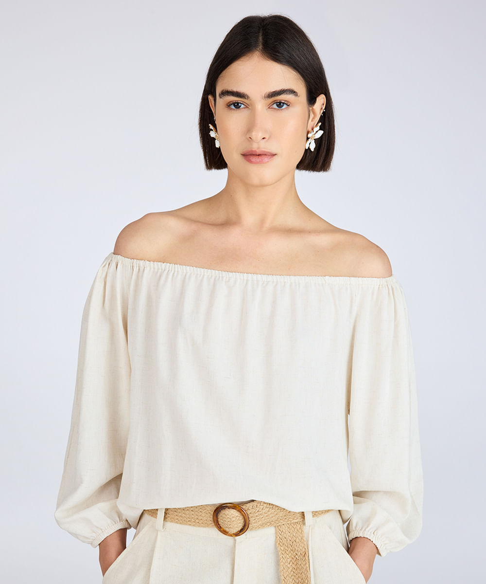 blusa feminina com linho ombro a ombro bege