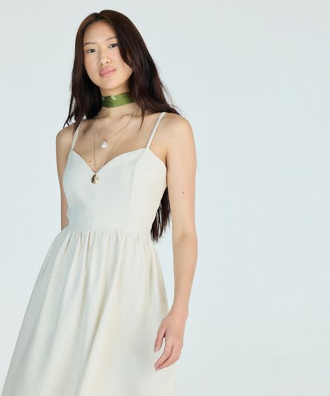 vestido curto feminino com linho decote coração off white