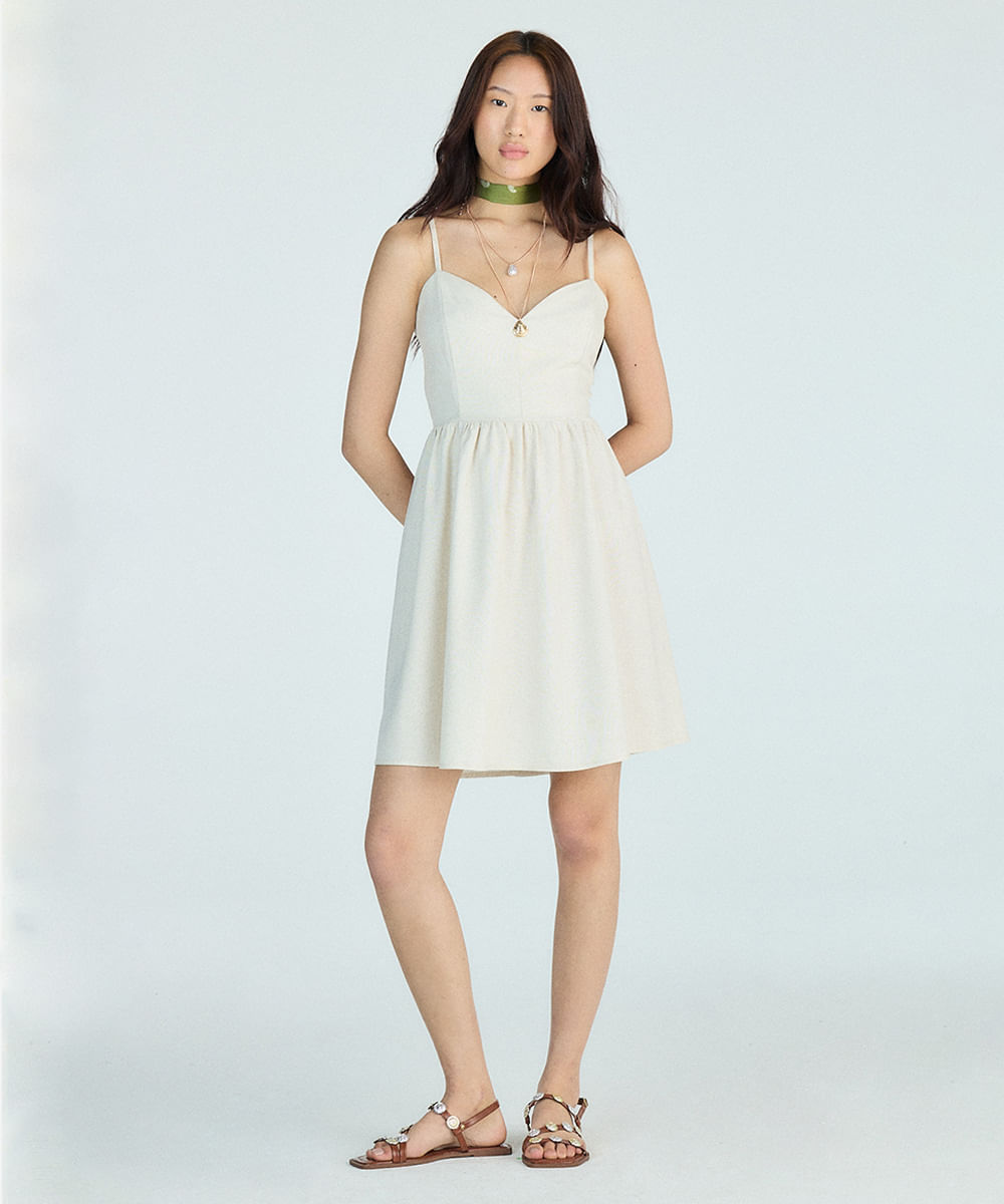 vestido curto feminino com linho decote coração off white