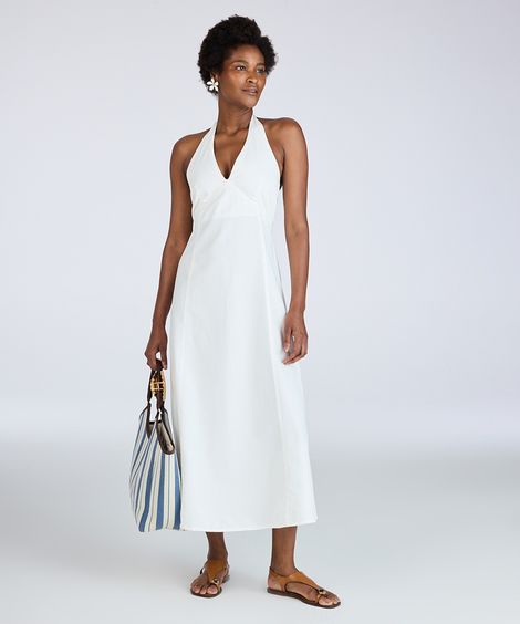 vestido midi de sarja frente única off white