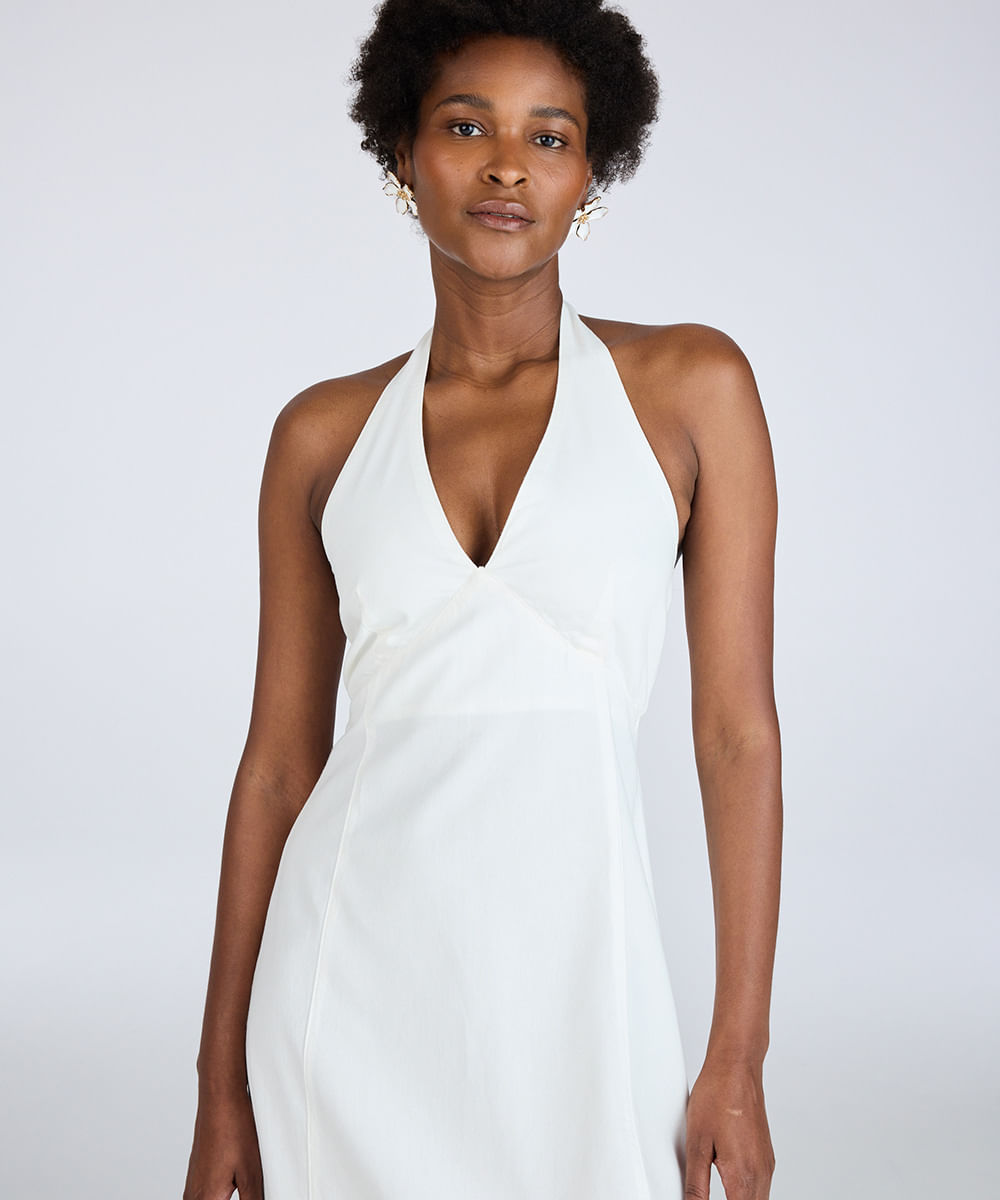 vestido midi de sarja frente única off white