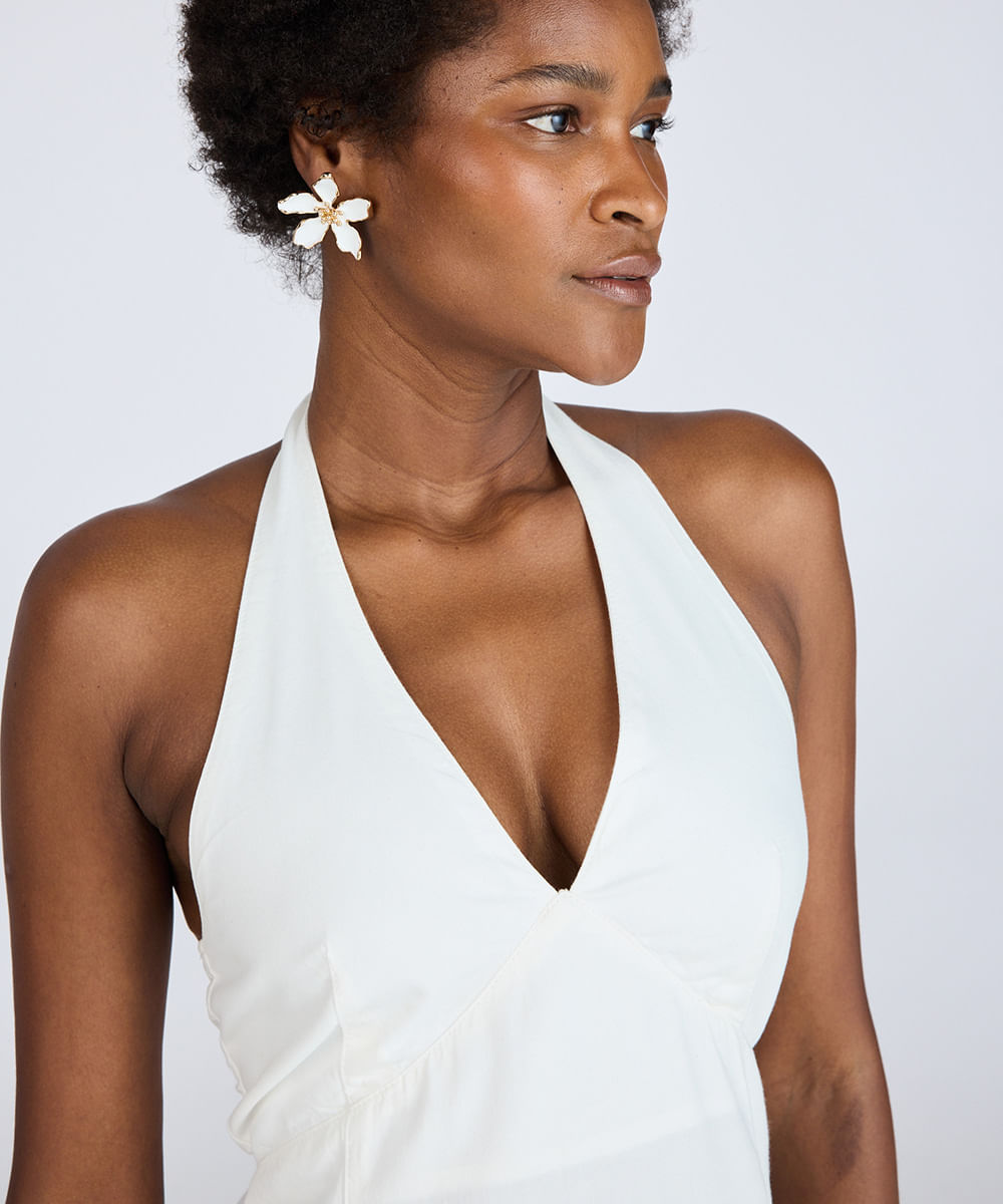 vestido midi de sarja frente única off white