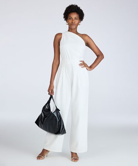 macacão longo feminino de viscose ombro único off white