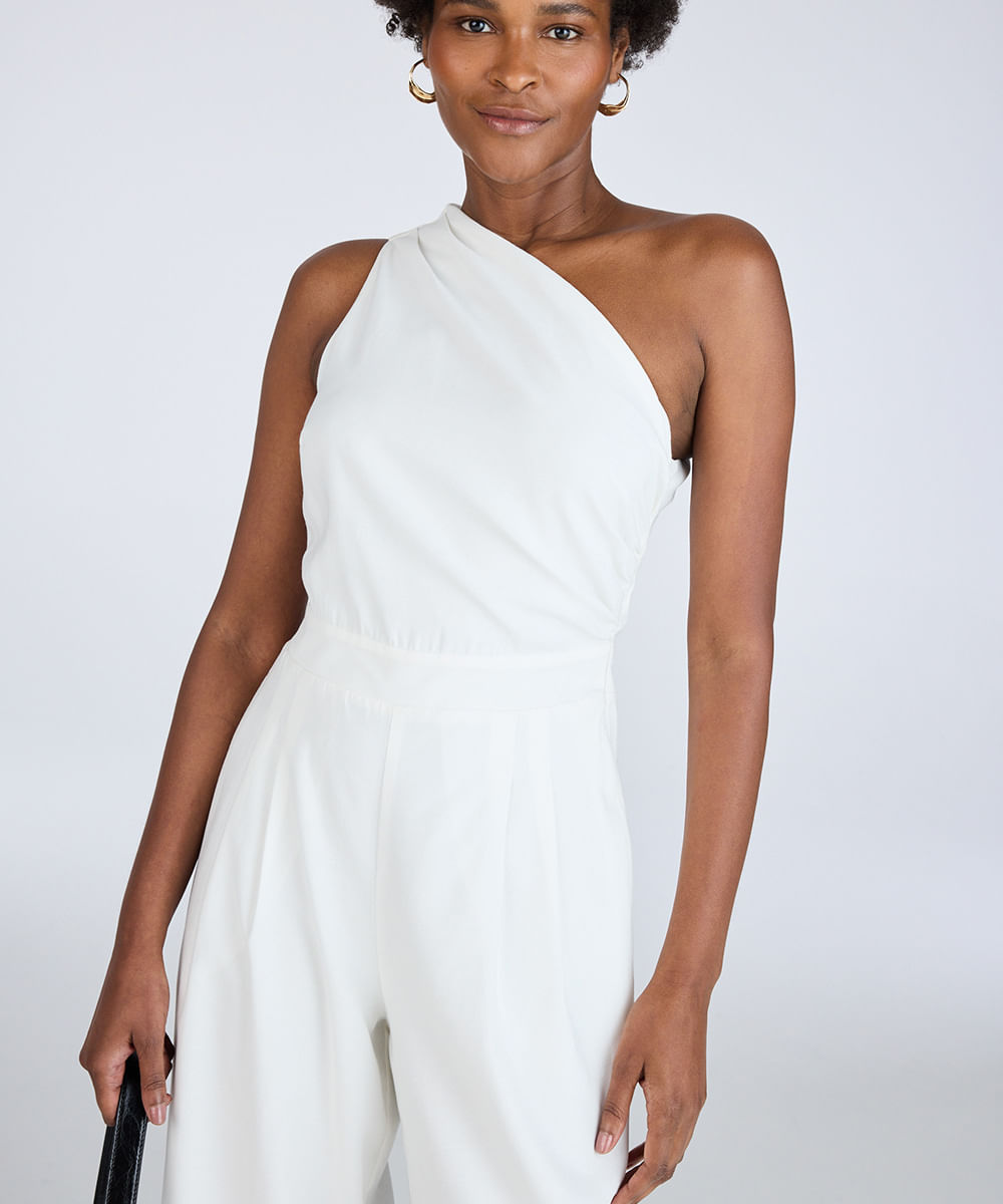 macacão longo feminino de viscose ombro único off white