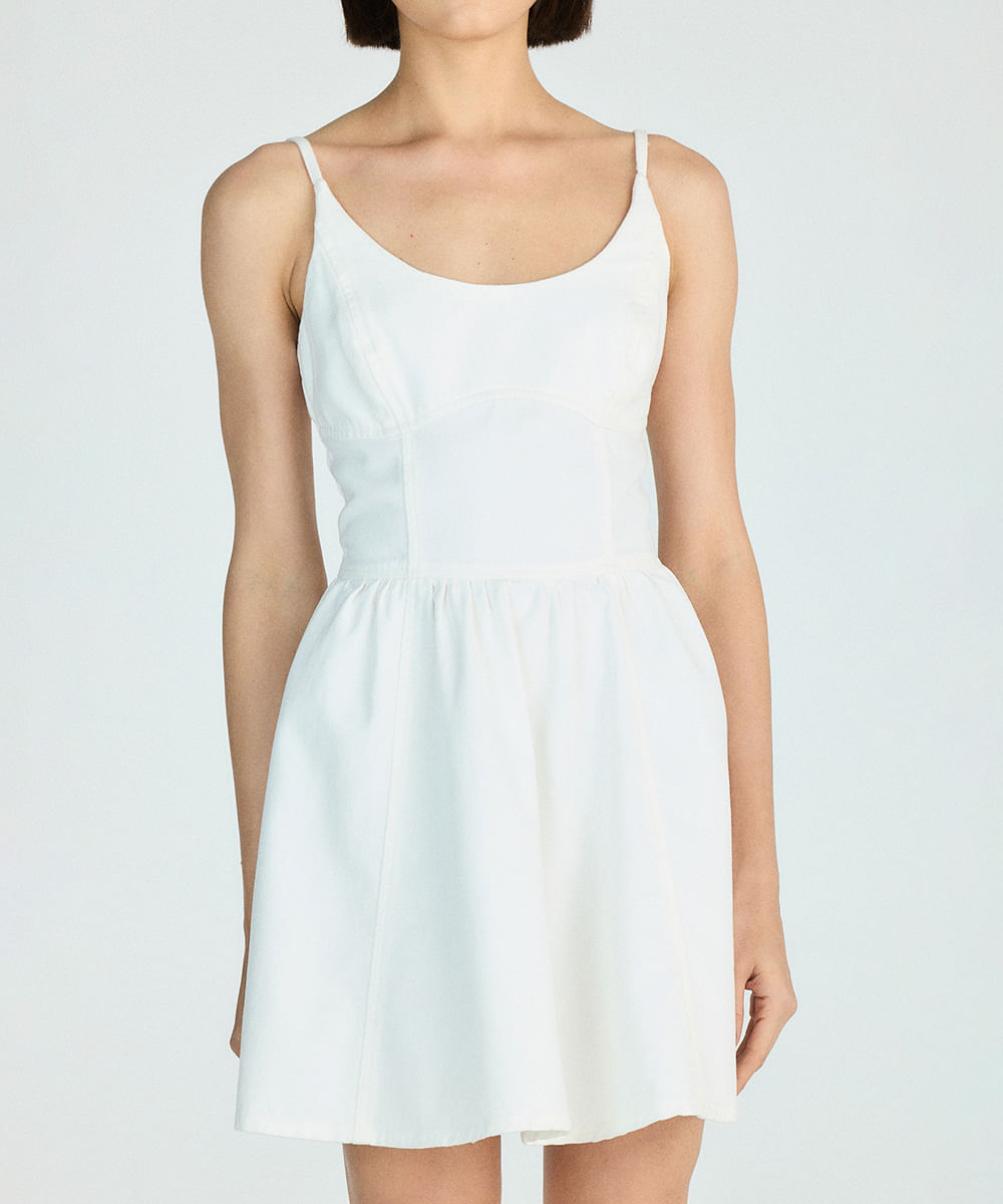 vestido evasê feminino de sarja com recortes off white
