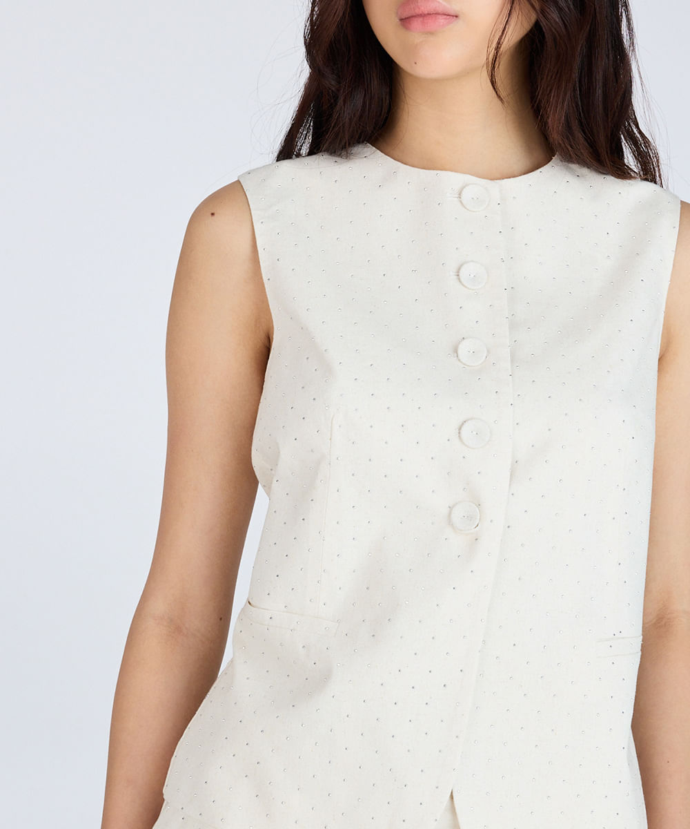 colete feminino de alfaiataria com strass poá bege