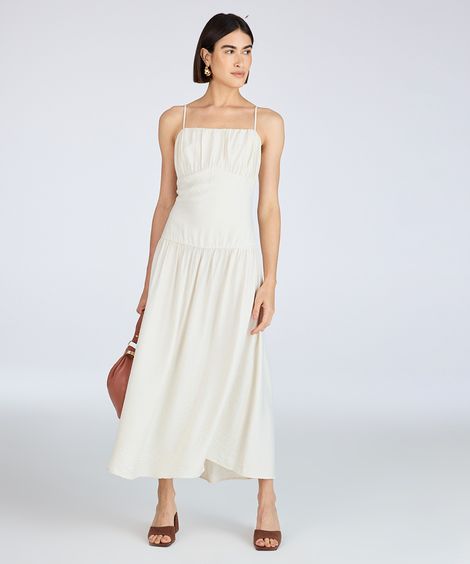 vestido midi feminino alça fina com recorte franzido bege