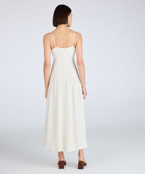 vestido midi feminino alça fina com recorte franzido bege