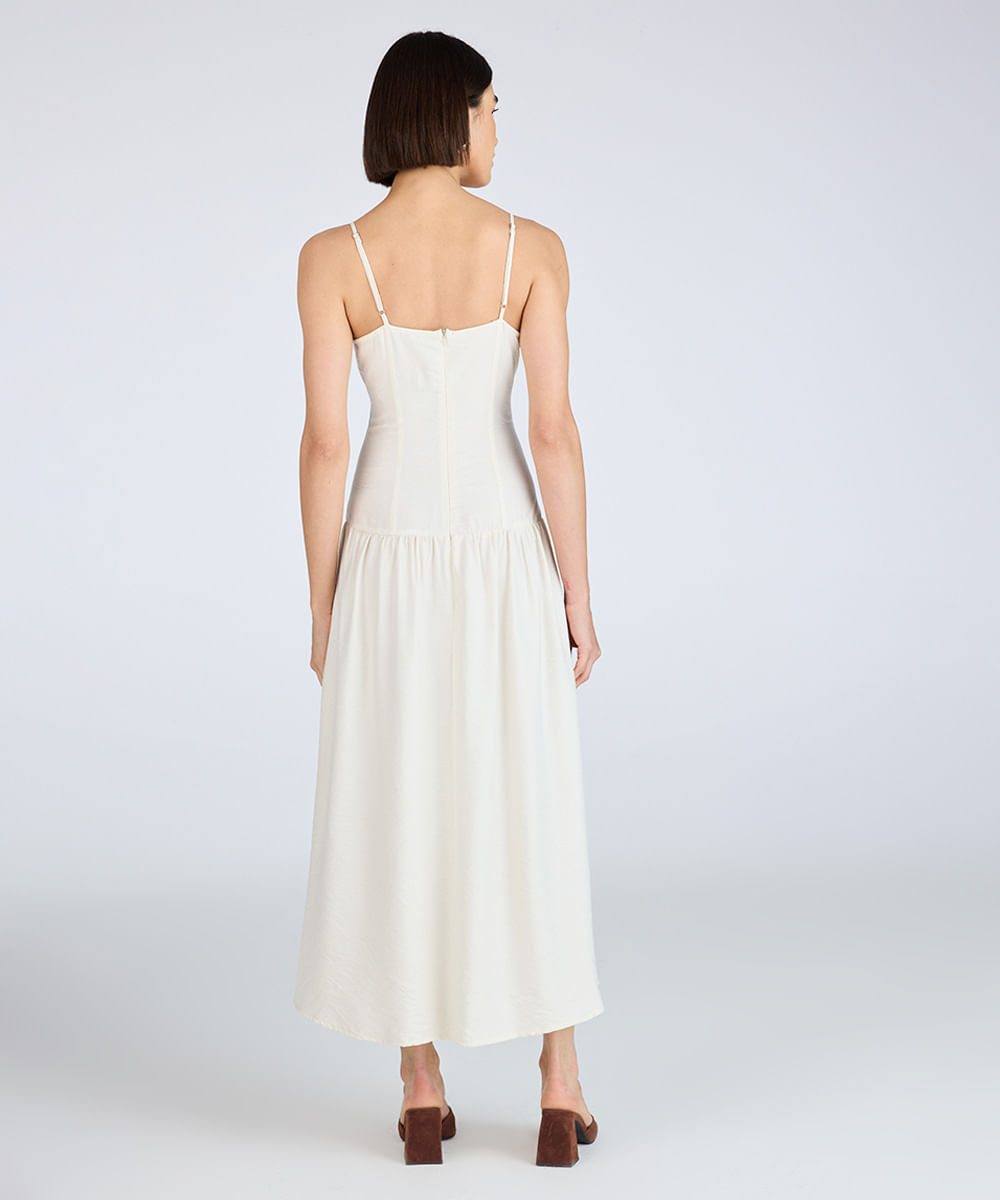 vestido midi feminino alça fina com recorte franzido bege